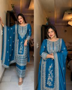 Elegante Salwar Kameez de Seda Azul con Bordado Intenso para Mujer, Ropa Tradicional Étnica para Bodas y Fiestas, para Todas las Temporadas - Product Image 2