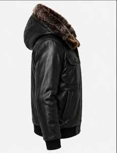 Blouson en cuir pour homme avec col en fausse fourrure et fermeture éclair - Product Image 4