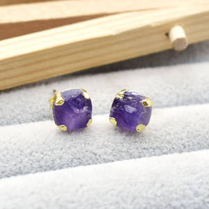 Natural Raw <b>Amethyst</b> <b>Stud</b> <b>Earring</b> Gold Electroplated Prong <b>Stud</b> Handmade Gemstone Jewelry Gift for Women - Product Image 2