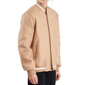 Men's Beige Varsity <b>Jacket</b> Stand Collar Single Button Closure Casual Regular Fit <b>Fleece</b> <b>Lining</b> Solid Color Winter Wear Front - Product Image 2