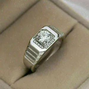 Moissanite Silver <b>Ring</b> <b>Men</b> Luxury Square Halo Diamond Look Wedding Band - Product Image 5