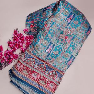 Tissu Jacquard en Viscose Bleu Paon Léger 45 Pouces avec Bordure Traditionnelle Daman Motif Éléphant Kalamkari pour Hommes et Filles - Product Image 3