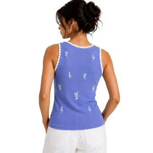 Camiseta sin mangas acanalada azul periwinkle y blanca para mujer, bordada, informal, de verano, ajustada, de algodón elástico, ropa personalizada OEM - Product Image 2