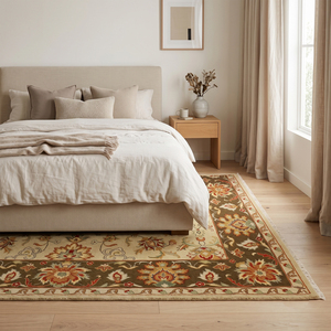 Alfombra DECORDEC de Lana con Medallón Floral Beige Marfil, Tejida a Mano, con Borde Botánico Color Óxido Oliva, Antideslizante y Ecológica para Sala de Estar - Product Image 3
