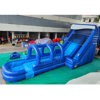 Toboggan aquatique gonflable commercial bleu avec piscine, grand toboggan aquatique gonflable pour location de fête estivale en extérieur