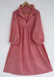 Robe longue en coton rayé faite à la main, col à volants, manches bouffantes, coupe ample, style A-line, respirante, tenue bohème légère et fluide, vintage - Product Image 1