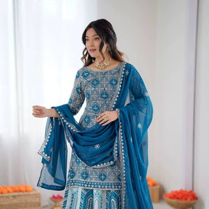 Salwar bleu sarcelle brodé en faux georgette pour homme, idéal pour Diwali, fiançailles, mariages et fêtes, tenue traditionnelle indienne, séchage rapide, toutes occasions - Product Image 1