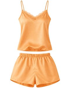 Peach Satin Camisole Shorts Set Women Sleepwear <b>Lace</b> Trim Spaghetti Strap Soft Breathable Summer Nightwear Pajama Set Lounge - Product Image 1