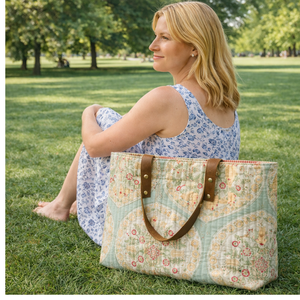 Premium Handmade Bohemian Hand Block Print Quilted Multi Pocket Cotton Tote <b>Bag</b> Floral Pattern Brown Leather Handles All Season - Product Image 5