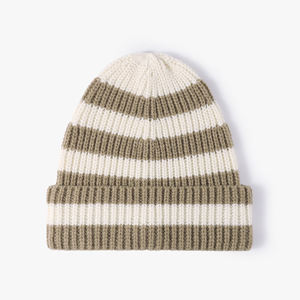 Unisex Striped Knit Beanie Hat 100% Acrylic Cuffed <b>Winter</b> <b>Cap</b> Casual Style for Adults Olive and Cream Color - Product Image 1