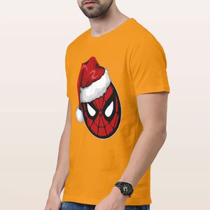 Men's Orange O-Neck Short Sleeve T-Shirt With <b>Spiderman</b> Santa <b>Hat</b> Print Regular Fit Casual Jersey Knit Cotton - Product Image 2