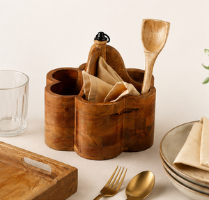 Handcrafted Mango Wood Cutlery Holder With 4 Compartments Rustic Wooden Utensil <b>Caddy</b> For Dining <b>Table</b> And Kitchen Countertop - Product Image 3