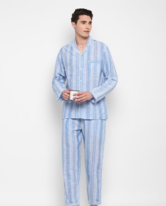 Pyjama en coton rayé pour homme, manches longues, vêtements de nuit décontractés, tissu tissé doux d'été avec poches - Product Image 2