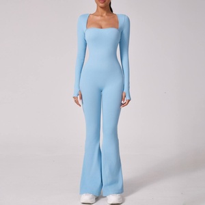 Women Long Sleeve <b>Square</b> <b>Neck</b> <b>Bodysuit</b> Full Length Seamless Stretch Knitted Activewear Solid Color One Piece Jumpsuit - Product Image 2