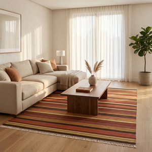 Tapis en laine tufté à la main rayé marron rouille Desert Ember, antidérapant, écologique, tissé aux tons terreux, pour salon et chambre à coucher - Product Image 3