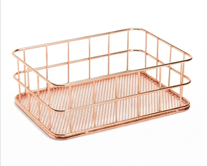 Fine Quality Rectangular Metal Wire <b>Storage</b> <b>Basket</b> Rose <b>Gold</b> Stackable Modern Design Multi Purpose Neatening Organizer - Product Image 1