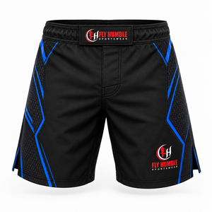 กางเกง MMA สำหรับผู้ชาย Fly Humble สีดำ-น้ำเงิน พิมพ์ลายแบบ Sublimation ระบายเหงื่อได้ดี ทรงสปอร์ต ขายส่ง ราคาพิเศษ รับสั่งทำ - Product Image 1