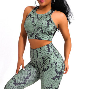 Snake Print Yoga Set High Waist Leggings Racerback Crop Top 2 Piece Activewear Spandex Polyester Full Length Animal Pattern - Product Image 5