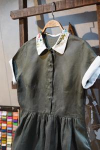 Linen Midi <b>Dress</b> With Hand Embroidery Collar A-Line <b>Loose</b> Fit Short Sleeve Solid Color Vintage Casual Spring <b>Dress</b> For Women - Product Image 3