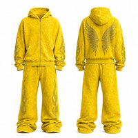 Ensemble de survêtement unisexe jaune avec strass, sweat à capuche zippé et pantalon, style streetwear ample pour l'automne