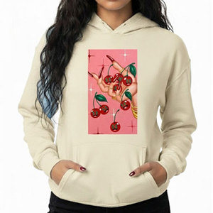 <b>Women's</b> <b>Cream</b> Hoodie With Cherry Print Front Logo Pockets Casual Cotton Sweatshirt Spring Wear - Product Image 4