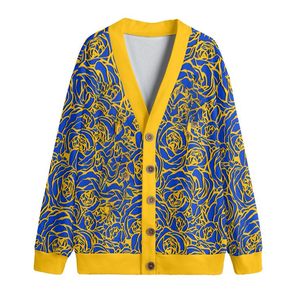 Cardigan d'hiver brodé pour femme de la sororité Sigma Gamma Rho, en laine/cachemire épais de qualité supérieure, avec lettres grecques tricotées, couleur or royal - Product Image 1