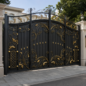 Puerta Doble Abatible de Hierro Forjado Negro y Dorado con Adornos Ornamentales para Entrada Principal de Villa, Uso en Exteriores - Product Image 5