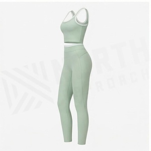Ensemble de yoga 2 pièces North Approach, bleu clair uni, sans couture, taille haute, haut court et leggings longs, vêtements de sport pour femmes - Product Image 3