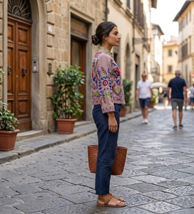 Chaqueta Corta de Invierno para Mujer, con Cuello Mao, Manga Larga, Tejido de Punto con Apliques Florales Bordados a Mano en Terciopelo de Algodón, Estilo Boho - Product Image 3
