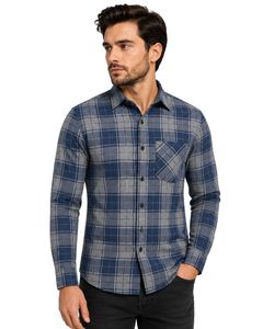 Camisa de Franela a Cuadros Azul Gris para Hombre, Estilo Casual, Corte Ajustado, con Botones, Manga Larga, de Algodón, Moda Urbana - Product Image 1