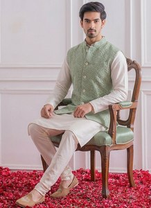 <b>Men's</b> Embroidered <b>Kurta</b> Pajama Set With Nehru Jacket Formal Indian Wedding Party Outfit - Product Image 5