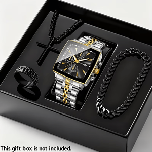 New Men's Fashionable Casual <b>Watch</b> Set, with Bracelet. <b>Ring</b> and Necklace Set, Stainless Steel Men <b>Watch</b> , - Product Image 2