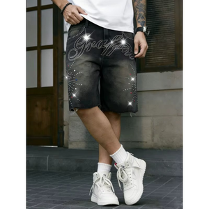 Shorts en jean non extensibles pour homme style streetwear américain, avec lettres en strass, délavage et ourlet effiloché, longueur genou, pour l'été - Product Image 4