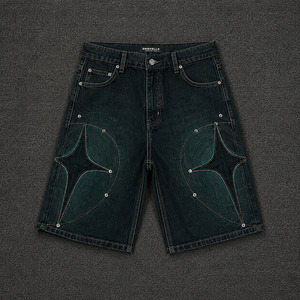 Blackened Teal Y2K Denim Jorts – Baggy Streetwear Shorts with Orbit Embroidery & Rhinestone Details - Product Image 1