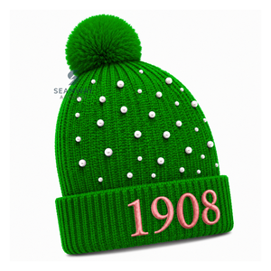 Alpha |   Kapa |   Bonnet en tricot acrylique pour femme Alpha, brodé de perles, orné d'un pompon, bord côtelé, bonnet d'hiver décontracté - Product Image 2