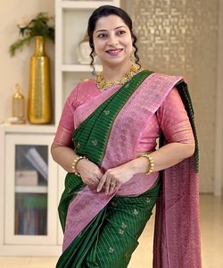 Sari de Seda Rosa y Verde para Mujer, Traje Tradicional de Boda, Largo hasta el Suelo, Sin Arrugas, Corte Regular, Estilo India Pakistán 85169 TWT 1095 - Product Image 3