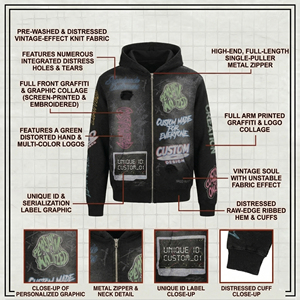 Sudadera con capucha negra extragrande para hombre, estilo streetwear, con cremallera, lavado ácido, con estampado de letras de grafiti personalizado y logotipo personalizado, OEM ODM - Product Image 4