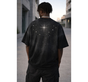 Camiseta Personalizada con Pedrería, Diseño de Rayos de Sol, Talla Grande, Color Negro Degradado, con Tachuelas de Estrella, Estilo Hip Hop, Moda Urbana, Camisetas de Algodón para Hombre - Product Image 4