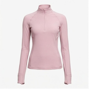 <b>Women's</b> Pink Ribbed Long Sleeve Quarter-<b>Zip</b> Yoga <b>Top</b> Breathable Spandex Polyester Sportswear - Product Image 1
