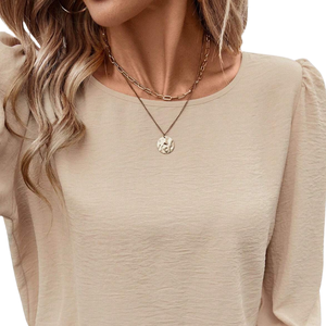 Women's Beige Solid Breathable Chiffon Blouse Crew Neck Hubble-<b>Bubble</b> Sleeve Ruffles Three Quarter Sleeve Loose Fit Casual <b>Top</b> - Product Image 3