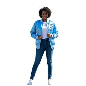 Blouson Bomber Unisexe Jack and Jill en Satin Bleu, Style Universitaire à Boutons Pression, Léger, Tendance, Vêtement Décontracté Streetwear - Product Image 2