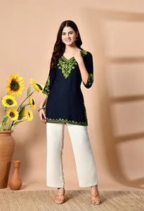 <b>Women's</b> <b>Navy</b> Blue Embroidered Cotton Kurta <b>Top</b> Regular Fit Midi Length Casual Wear India Pakistan Design All Seasons - Product Image 5