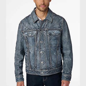 Blouson Bomber Homme Grande Taille en Cuir de Mouton Lavé et Ciré, Col Montant, Imperméable, Écologique, Style Denim, Haute Qualité - Product Image 1