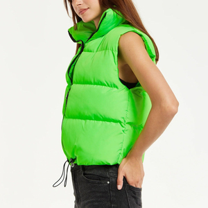 Chaleco Acolchado de Cuello Alto Color Verde Neón para Mujer, Cierre de Cremallera, Color Sólido, Ropa Exterior Informal, Largo Regular, Relleno de Poliéster - Product Image 3
