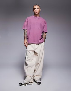 Camiseta de Algodón para Hombre, Talla Grande, Color Morado, Manga Corta, Cuello Redondo, Corte Regular, Estilo Casual, Color Sólido, Tejido Jersey - Product Image 1