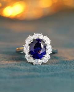 Blue Oval Halo Sapphire Gemstone Ring Sterling Silver Rhodium Plated Oval Cut Center Prong Set for Wedding Engagement Party - Product Image 3
