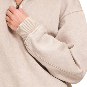 <b>Women's</b> Beige <b>Quarter</b> <b>Zip</b> Knit Sweater Stand Collar Oversized Fit Solid Color Long Sleeve Casual Autumn Pullover - Product Image 5