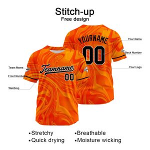 Maillot de baseball personnalisé à motif tourbillon orange, impression sublimée, unisexe, manches courtes, boutons sur le devant, séchage rapide, vêtements d'équipe pour adultes - Product Image 4