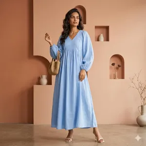 Vestido maxi premium azul claro con cuello en V, mangas abullonadas, estilo bohemio holgado, 100% lino, vestido casual de verano para mujer - Product Image 1