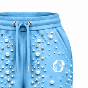 Sky Blue Pearl Beaded Jogger Pants Women Luxury Embellished Drawstring Sweatpants Casual Streetwear Fleece <b>Trousers</b> <b>With</b> <b>Pockets</b> - Product Image 5